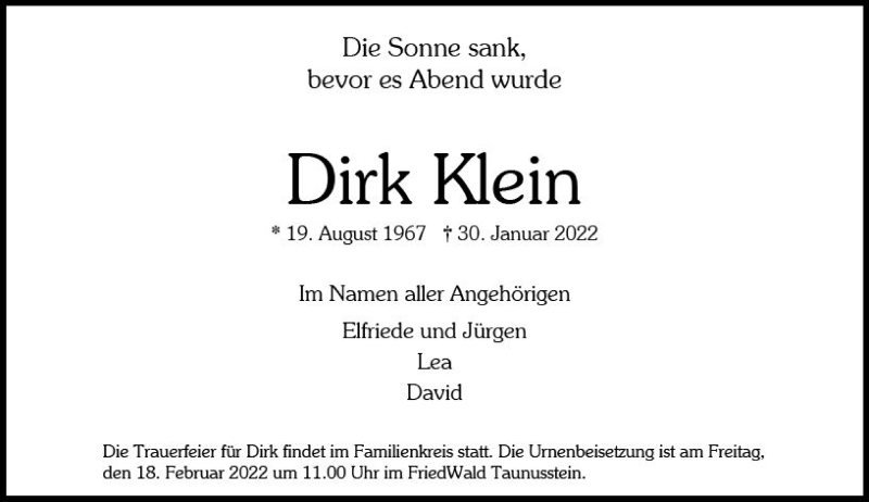  Traueranzeige für Dirk Klein vom 12.02.2022 aus vrm-trauer Wiesbadener Kurier
