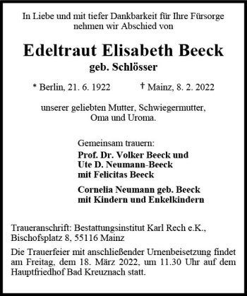 Traueranzeige von Edeltraut Elisabeth Beeck von vrm-trauer AZ Mainz