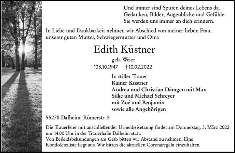  Traueranzeige für Edith Küstner vom 19.02.2022 aus vrm-trauer AZ Mainz
