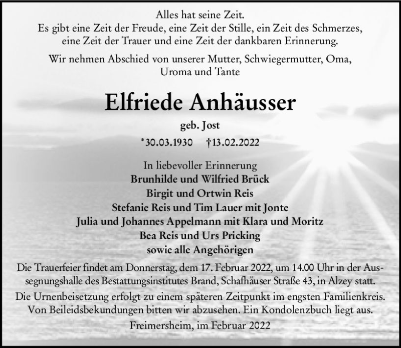  Traueranzeige für Elfriede Anhäusser vom 16.02.2022 aus vrm-trauer Allgemeine Zeitung Alzey