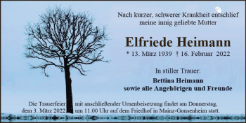 Traueranzeige von Elfriede Heimann von vrm-trauer AZ Mainz