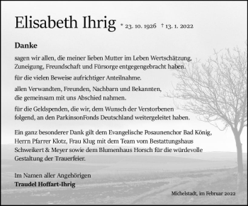 Traueranzeige von Elisabeth Ihrig von vrm-trauer Odenwälder Echo