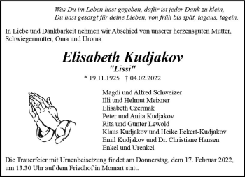 Traueranzeige von Elisabeth Kudjakov von vrm-trauer Odenwälder Echo