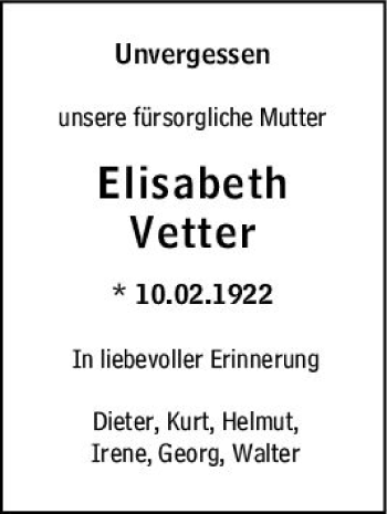 Traueranzeige von Elisabeth Vetter von vrm-trauer Odenwälder Echo