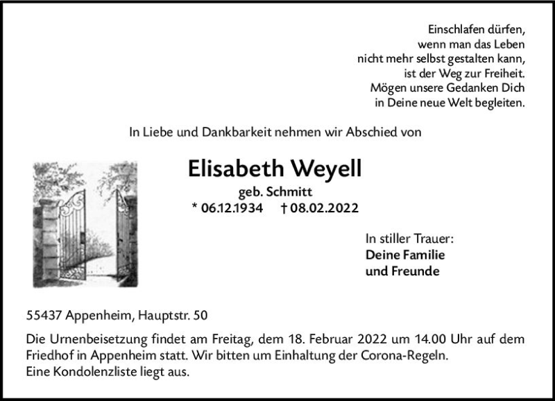  Traueranzeige für Elisabeth Weyell vom 11.02.2022 aus vrm-trauer Allgemeine  Zeitung Ingelheim-Bingen