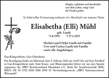 Traueranzeige von Elisabetha Mühl von vrm-trauer Allgemeine Zeitung Alzey