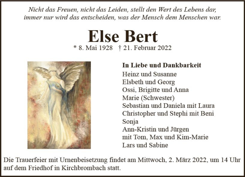  Traueranzeige für Else Bert vom 26.02.2022 aus vrm-trauer Odenwälder Echo