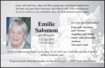 Traueranzeige von Emilie Salomon von vrm-trauer Odenwälder Echo