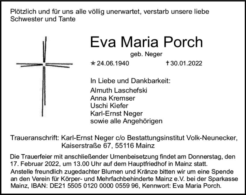  Traueranzeige für Eva Maria Porch vom 12.02.2022 aus vrm-trauer AZ Mainz