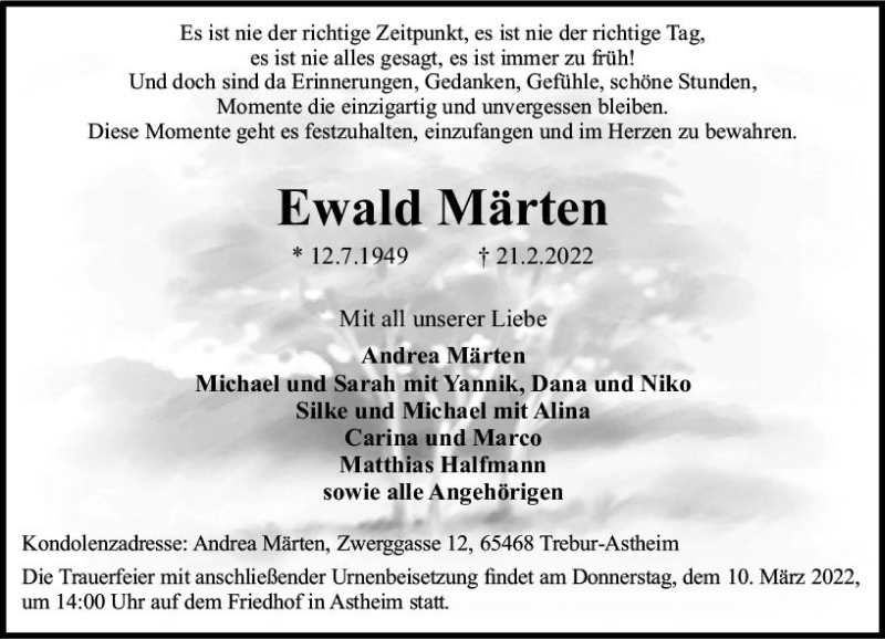  Traueranzeige für Ewald Märten vom 26.02.2022 aus vrm-trauer Rüsselsheimer Echo / MainSpitze