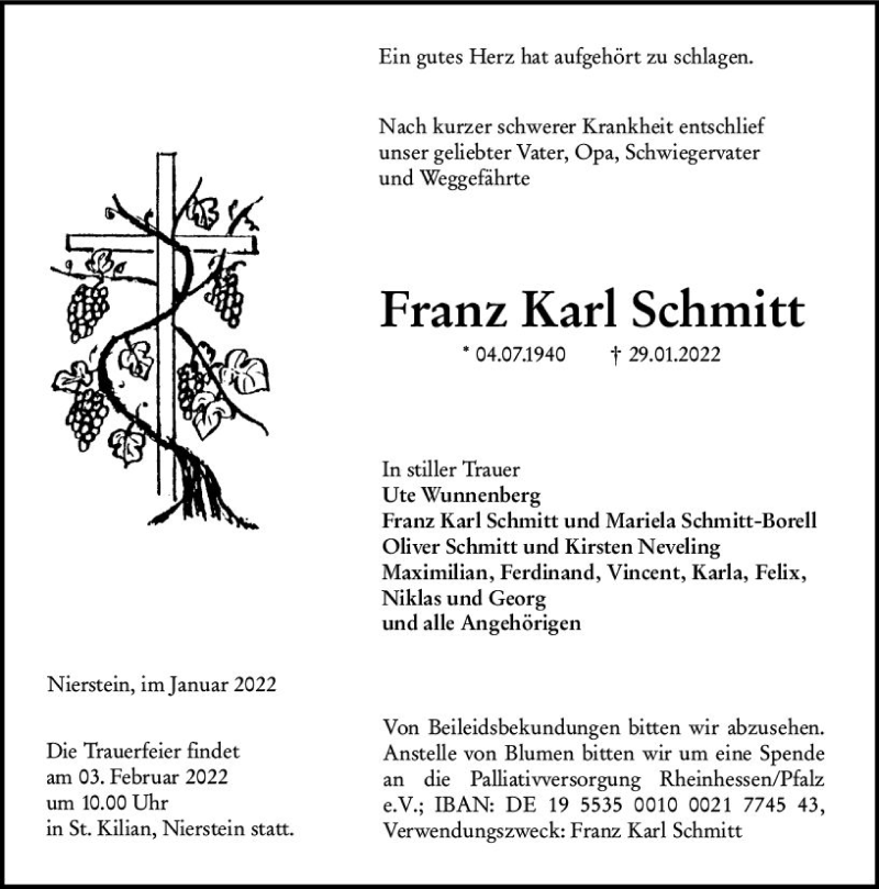  Traueranzeige für Franz Karl Schmitt vom 01.02.2022 aus vrm-trauer Allgemeine Zeitung Alzey