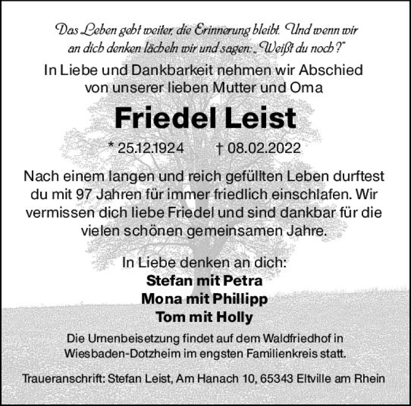  Traueranzeige für Friedel Leist vom 19.02.2022 aus vrm-trauer Wiesbadener Kurier