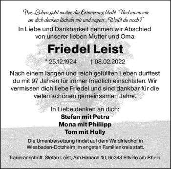 Traueranzeige von Friedel Leist von vrm-trauer Wiesbadener Kurier