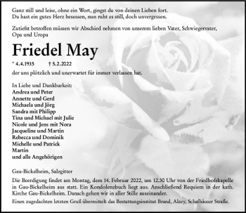 Traueranzeige von Friedel May von vrm-trauer Allgemeine Zeitung Alzey