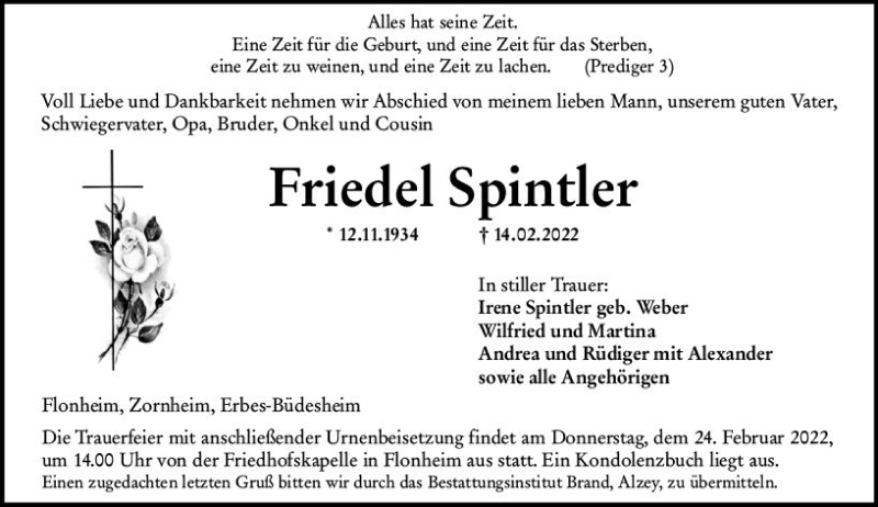  Traueranzeige für Friedel Spintler vom 19.02.2022 aus vrm-trauer Allgemeine Zeitung Alzey