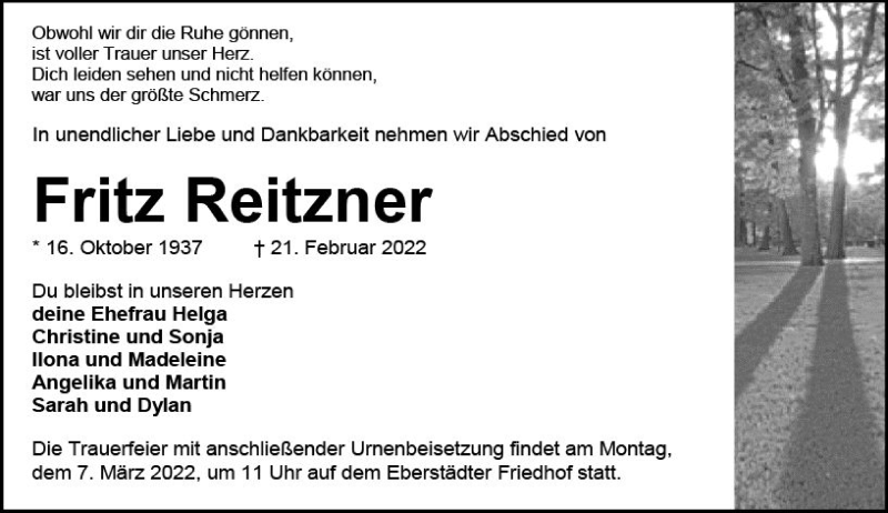  Traueranzeige für Fritz Reitzner vom 26.02.2022 aus vrm-trauer Darmstädter Echo