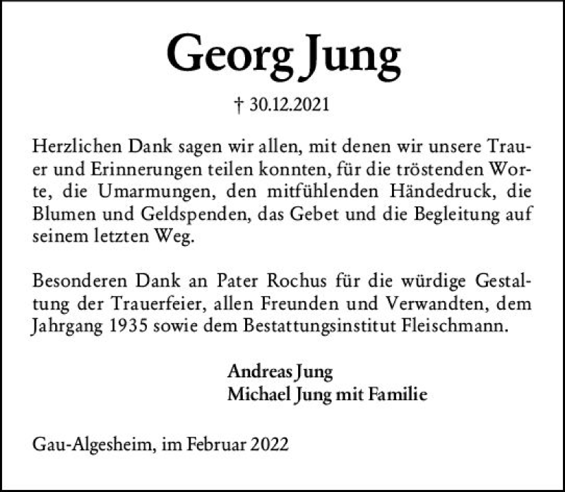  Traueranzeige für Georg Jung vom 05.02.2022 aus vrm-trauer Allgemeine  Zeitung Ingelheim-Bingen