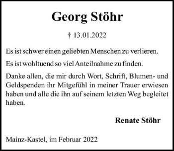 Traueranzeige von Georg Stöhr von vrm-trauer Wiesbadener Kurier