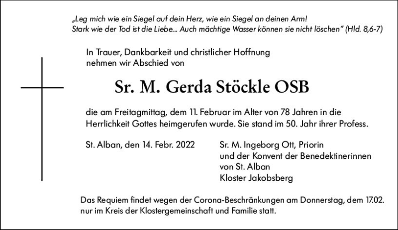  Traueranzeige für Gerda Stöckle vom 16.02.2022 aus vrm-trauer Allgemeine  Zeitung Ingelheim-Bingen