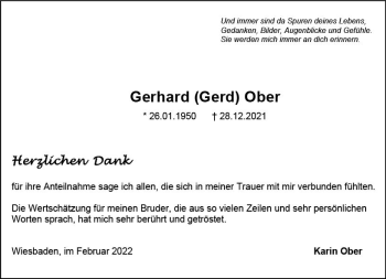 Traueranzeige von Gerhard Ober von vrm-trauer Wiesbadener Kurier