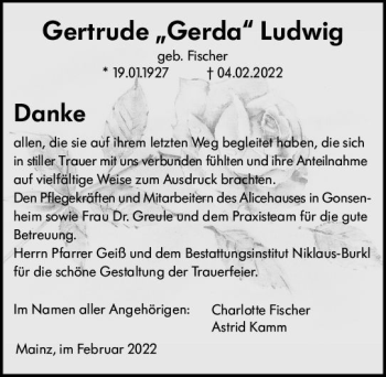 Traueranzeige von Gertrude Ludwig von vrm-trauer AZ Mainz