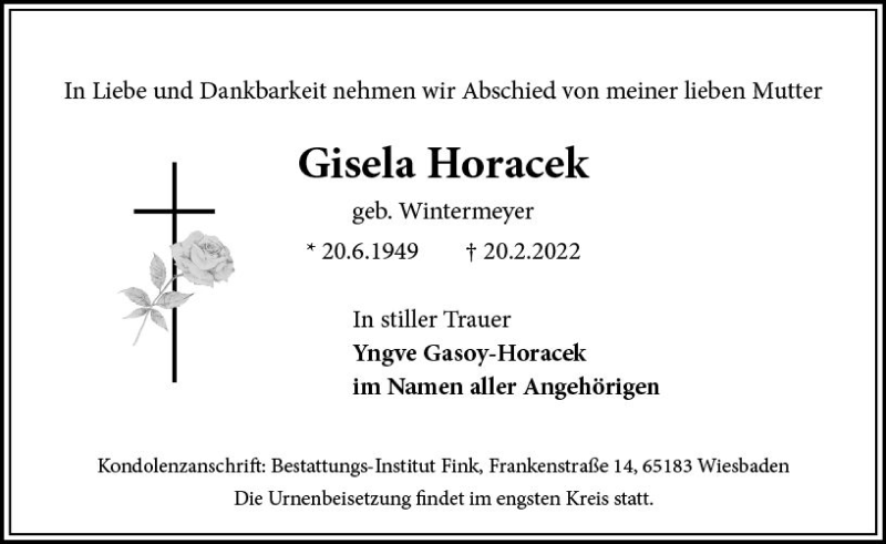  Traueranzeige für Gisela Horacek vom 26.02.2022 aus vrm-trauer Wiesbadener Kurier