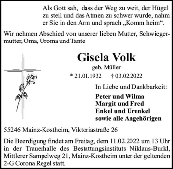 Traueranzeige von Gisela Volk von vrm-trauer AZ Mainz