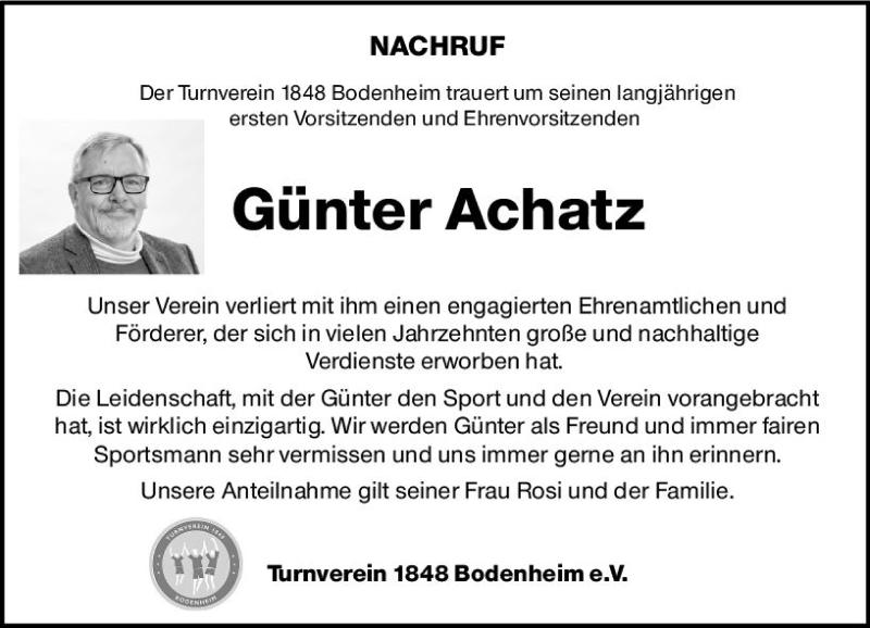  Traueranzeige für Günter Achatz vom 12.02.2022 aus vrm-trauer AZ Mainz