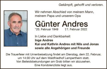 Traueranzeige von Günter Andres von vrm-trauer Bürstädter/Lamperth. Ztg/Starkenburger
