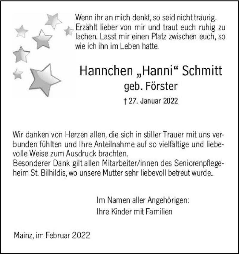  Traueranzeige für Hannchen Schmitt vom 26.02.2022 aus vrm-trauer AZ Mainz