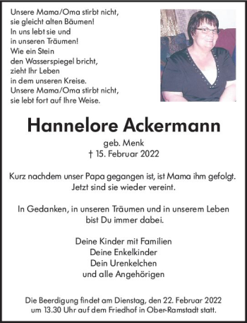 Traueranzeige von Hannelore Ackermann von vrm-trauer Darmstädter Echo