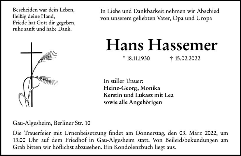  Traueranzeige für Hans Hassemer vom 26.02.2022 aus vrm-trauer Allgemeine  Zeitung Ingelheim-Bingen