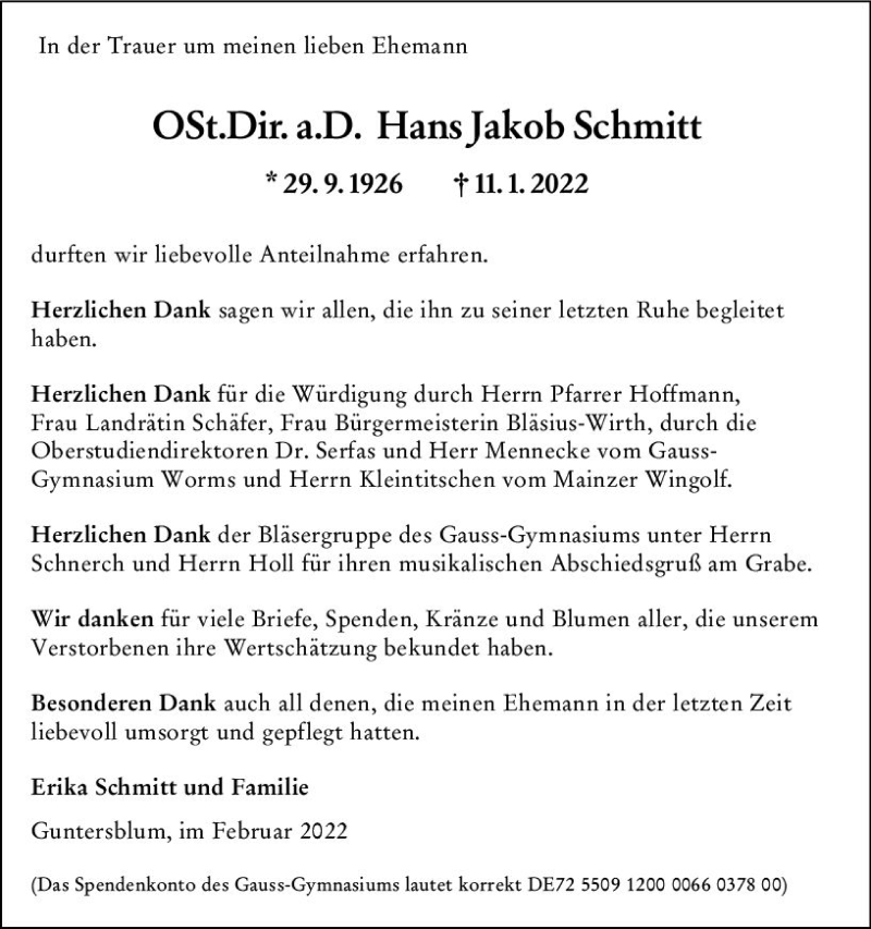  Traueranzeige für Hans Jakob Schmitt vom 18.02.2022 aus vrm-trauer Wormser Zeitung
