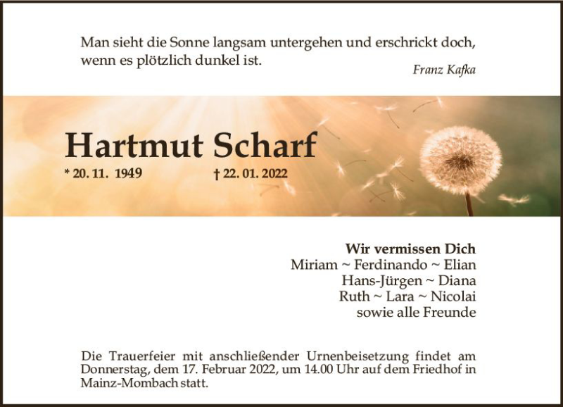  Traueranzeige für Hartmut Scharf vom 12.02.2022 aus vrm-trauer AZ Mainz