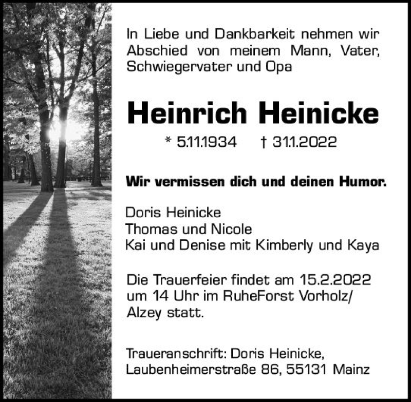  Traueranzeige für Heinrich Heinicke vom 12.02.2022 aus vrm-trauer AZ Mainz