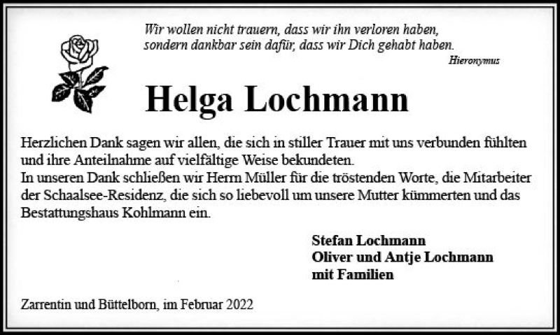  Traueranzeige für Helga Lochmann vom 12.02.2022 aus vrm-trauer Rüsselsheimer Echo / MainSpitze