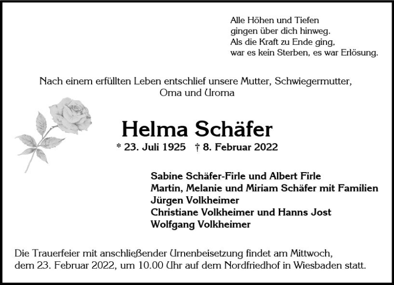  Traueranzeige für Helma Schäfer vom 19.02.2022 aus vrm-trauer Wiesbadener Kurier