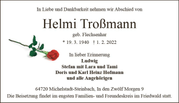 Traueranzeige von Helmi Troßmann von vrm-trauer Odenwälder Echo