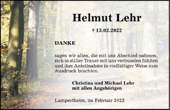 Traueranzeige von Helmut Lehr von vrm-trauer Bürstädter/Lamperth. Ztg/Starkenburger