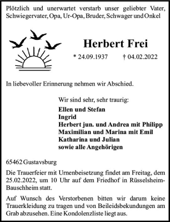 Traueranzeige von Herbert Frei von vrm-trauer Rüsselsheimer Echo / MainSpitze