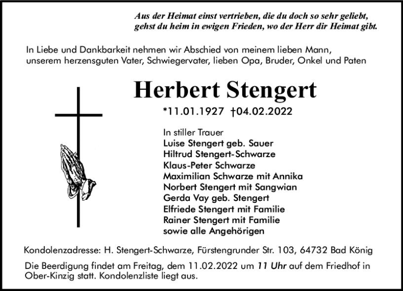  Traueranzeige für Herbert Stengert vom 09.02.2022 aus vrm-trauer Odenwälder Echo