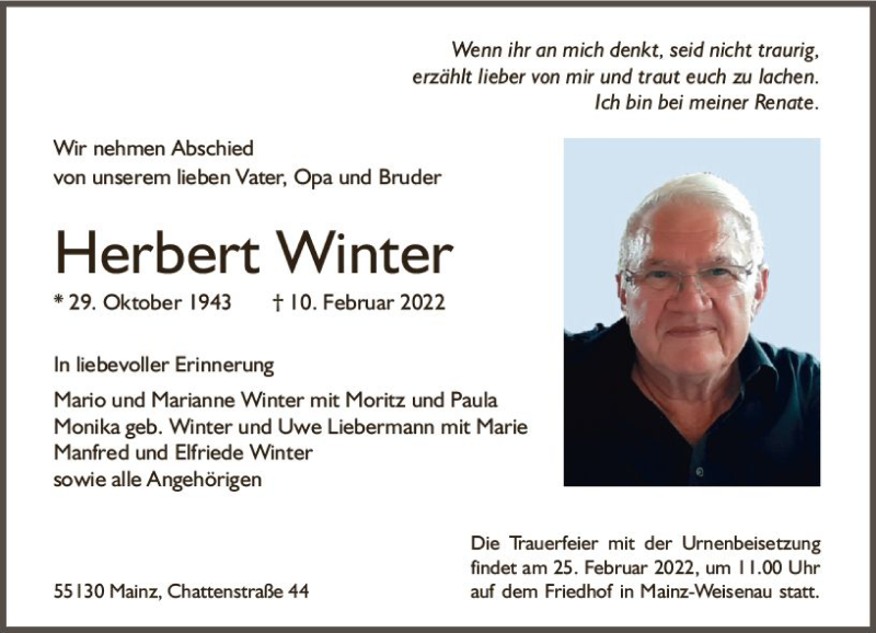 Traueranzeige für Herbert Winter vom 19.02.2022 aus vrm-trauer AZ Mainz