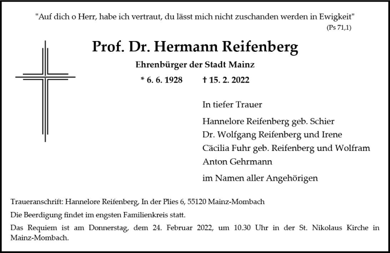  Traueranzeige für Hermann Reifenberg vom 19.02.2022 aus vrm-trauer AZ Mainz