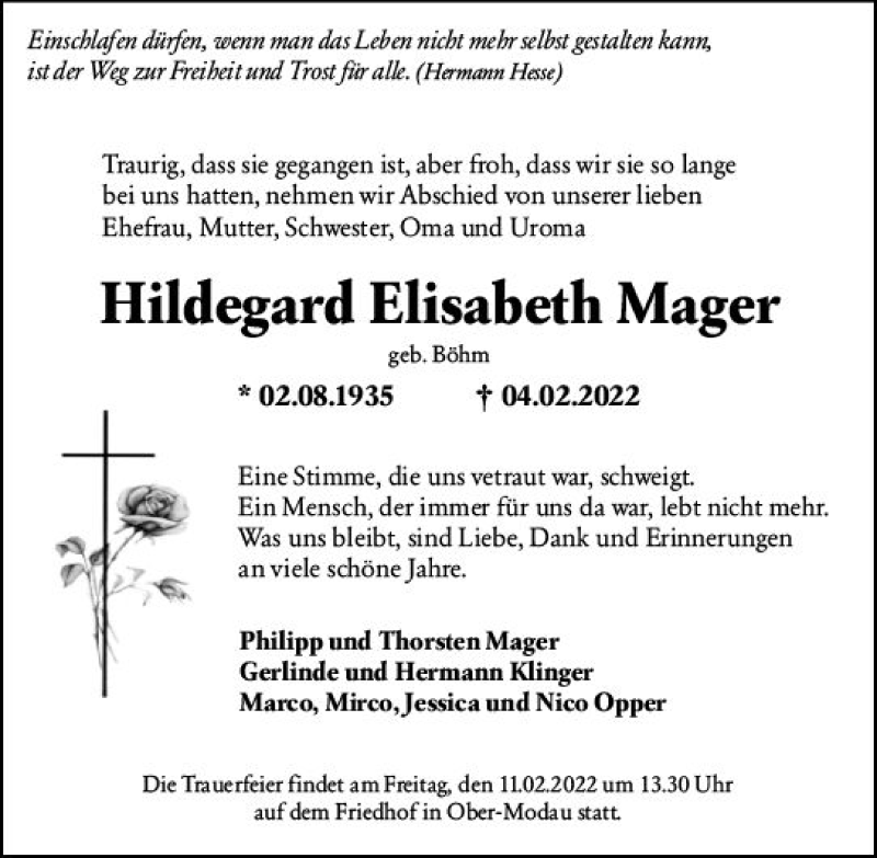  Traueranzeige für Hildegard Elisabeth Mager vom 09.02.2022 aus vrm-trauer Darmstädter Echo