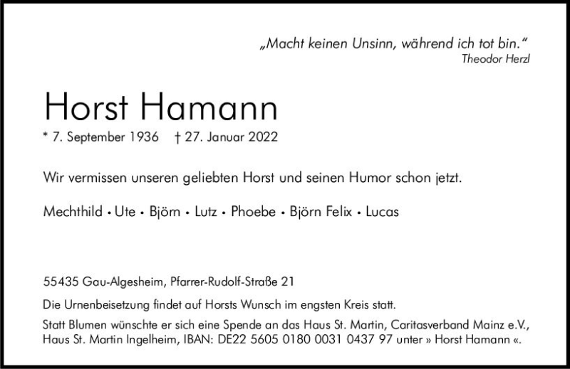  Traueranzeige für Horst Hamann vom 05.02.2022 aus vrm-trauer Allgemeine  Zeitung Ingelheim-Bingen
