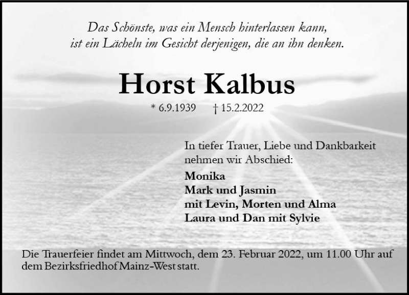  Traueranzeige für Horst Kalbus vom 19.02.2022 aus vrm-trauer AZ Mainz