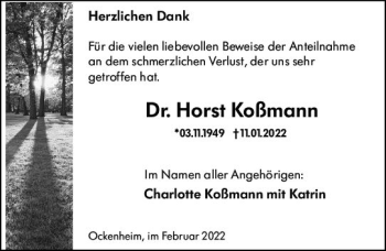 Traueranzeige von Horst Koßmann von vrm-trauer Allgemeine  Zeitung Ingelheim-Bingen
