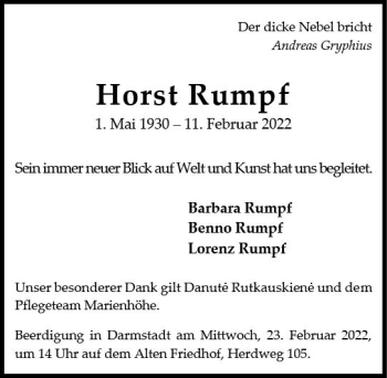 Traueranzeige von Horst Rumpf von vrm-trauer Darmstädter Echo