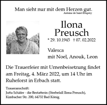 Traueranzeige von Ilona Preusch von vrm-trauer Darmstädter Echo