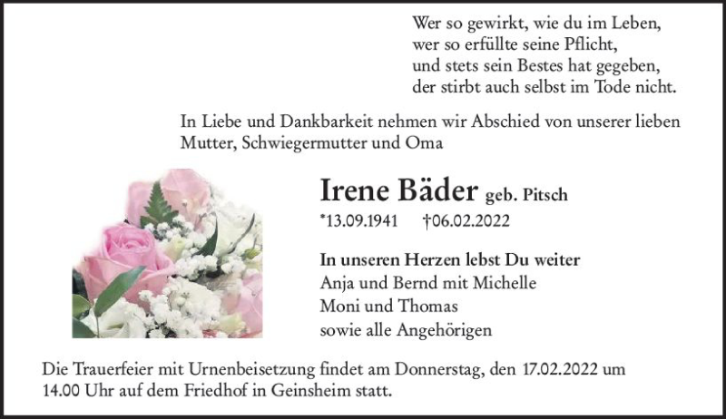  Traueranzeige für Irene Bäder vom 12.02.2022 aus vrm-trauer Groß-Gerauer Echo